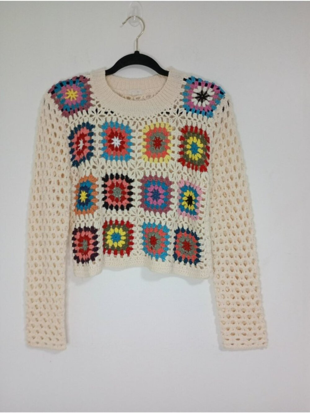 Colorful Crochet Knit Sweater Granny Square Design Open Weave Sleeves S By Debut - Picture 1 of 9